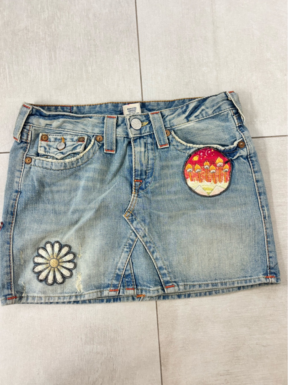 True Religion Light Blue Denim Jean Skirt with Patch Works